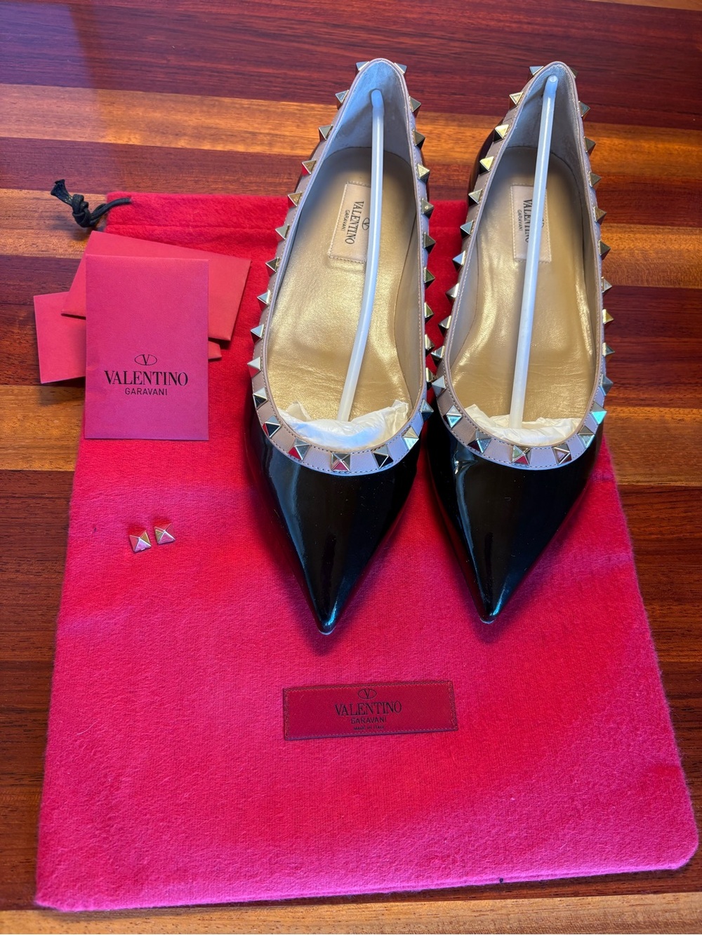 Valentino Black Patent Pointed Rockstud Trim Flats